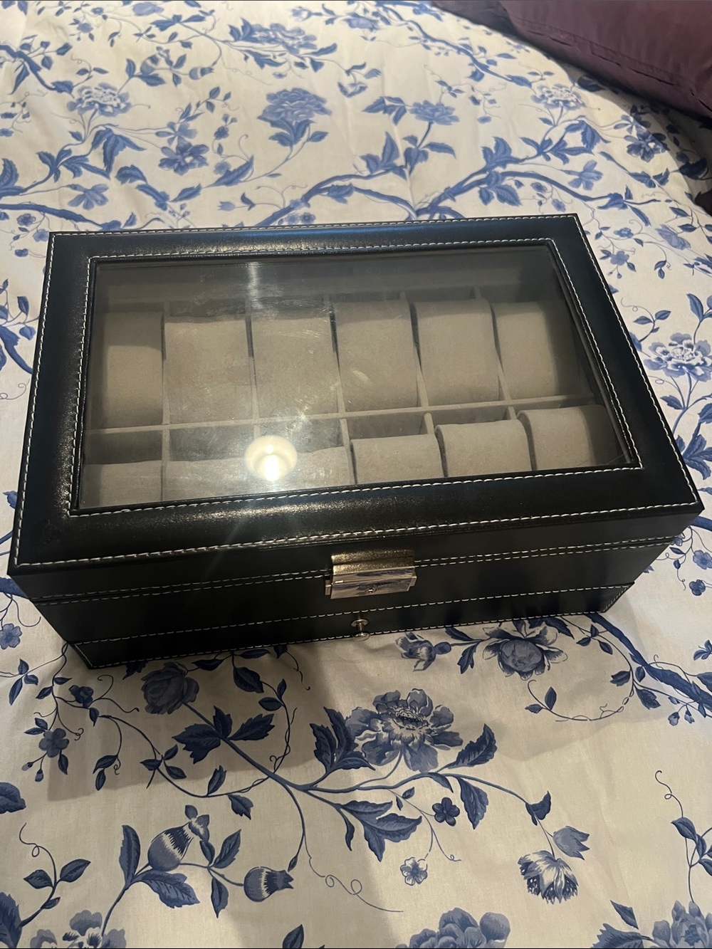 Black Leather Glass-Top Watch Storage Case